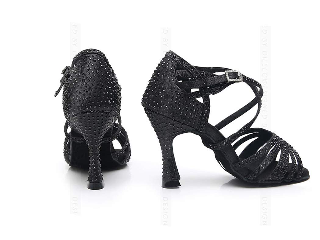 MGM-Joymod Sandalias de baile moderno latino con correa cruzada para mujer, con diamantes de imitación de tango social, bailes, Tacón marrón de 9 cm. — view 6