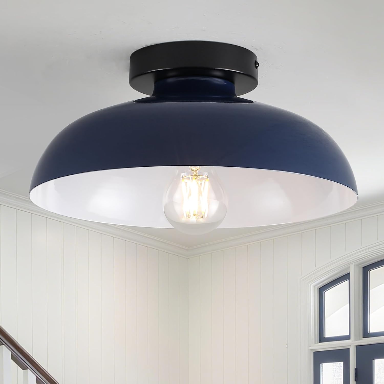 12 Inch Metal Semi Flush Mount Ceiling Light Fixture Industrial Small Ceiling Lights Kitchen Lighting Fixtures Ceiling with Navy Blue Shade for Hallway Entryway Bedroom Foyer Bathroom Laundry Room