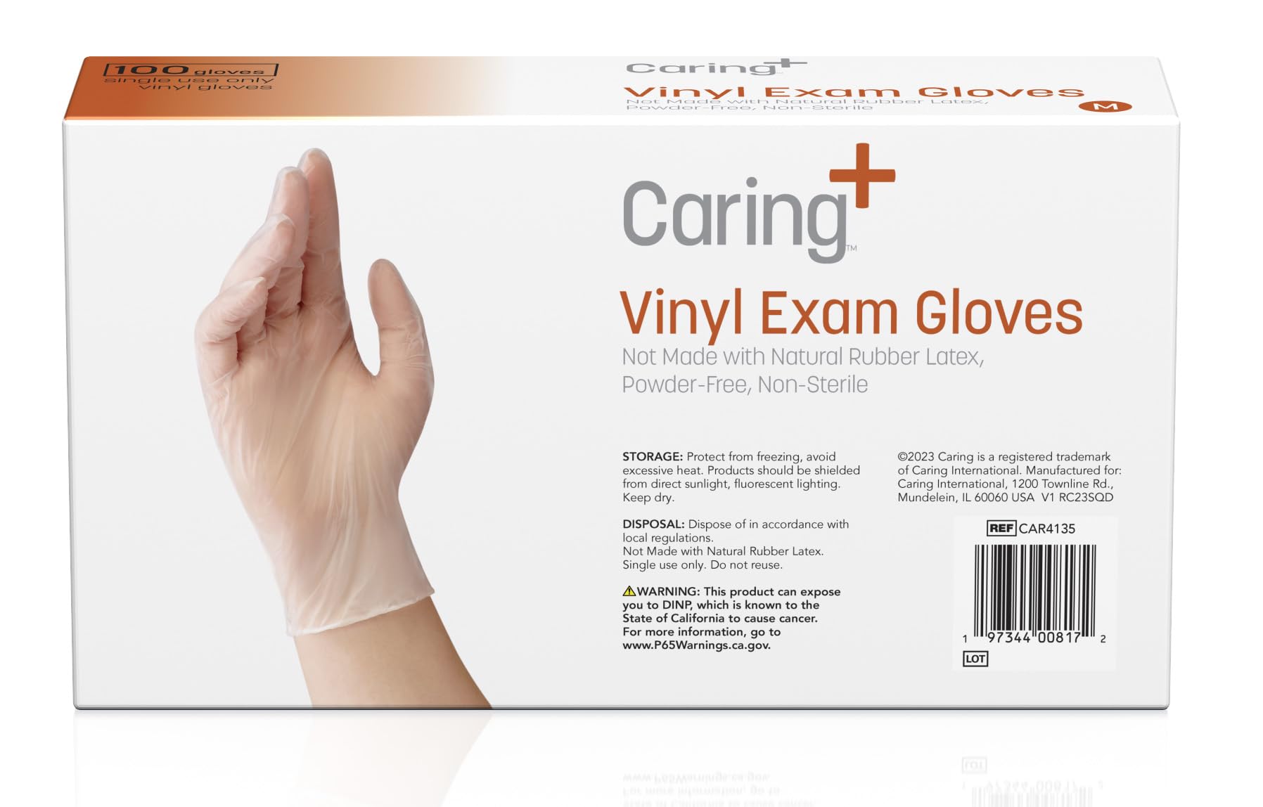 Caring Vinyl-Untersuchungshandschuhe (100 ct), puderfrei und nicht aus Naturkautschuklatex, Handschuhe für medizinische Zwecke, Erste Hilfe, Lebensmittelzubereitung und mehr, Größe M