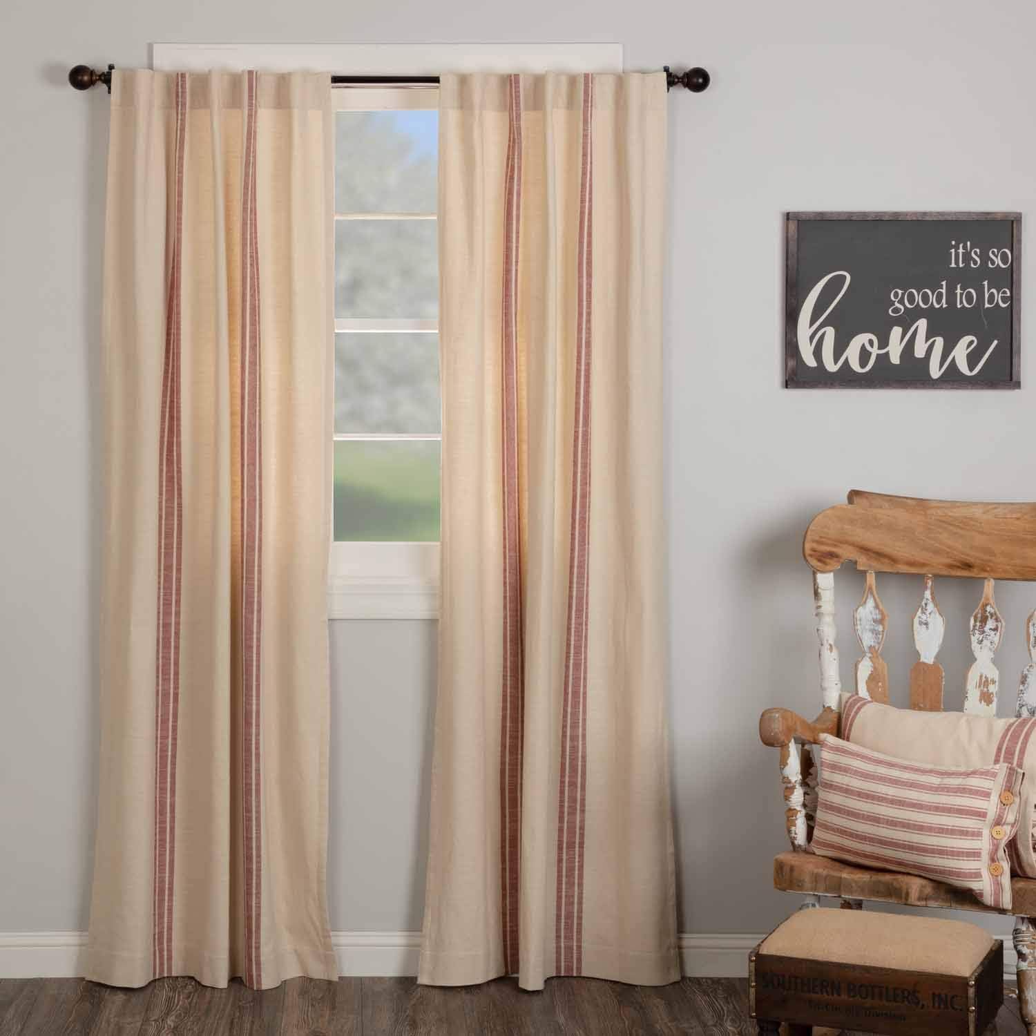 Piper Classics Market Place Red Grain Sack Stripe Panel Curtains, 84" Long, Set of 2 Panels, Farmhouse Style Drape Curtains in Brick Red & Natural Cream Stripes