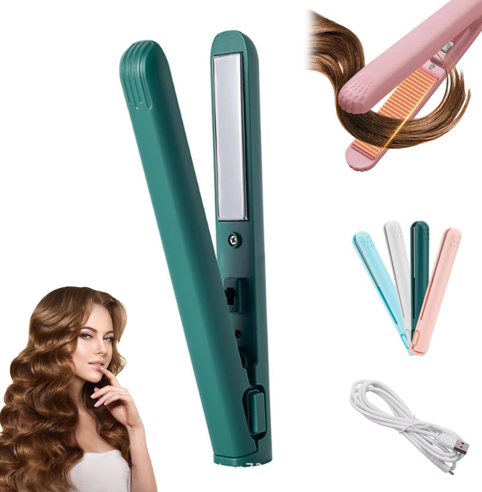 Mini ferro arricciacapelli a doppio scopo,Comb Piccoli Fibbie, Mini Friser E Ferro Piatto, Ferro arricciacapelli, Bacchetta da Viaggio Portatile Per Capelli Corti E Tutti (Verde scuro)
