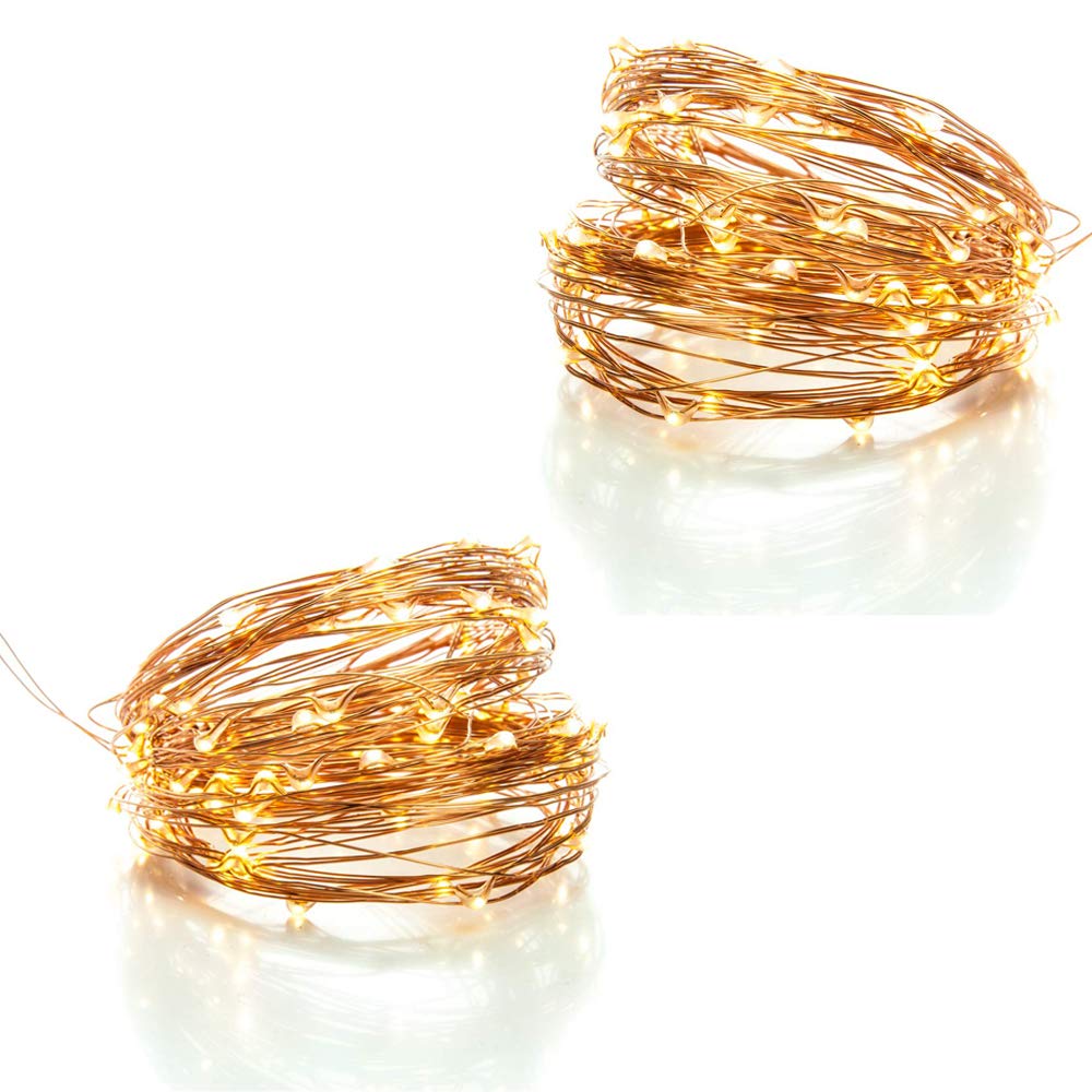 100 LED Fairy Lights 10.5M Now with 105 LEDs 8 Function USB Power Supply Copper & Black Wire S4U (2 Pack Copper Wire String Lights - Warm White)