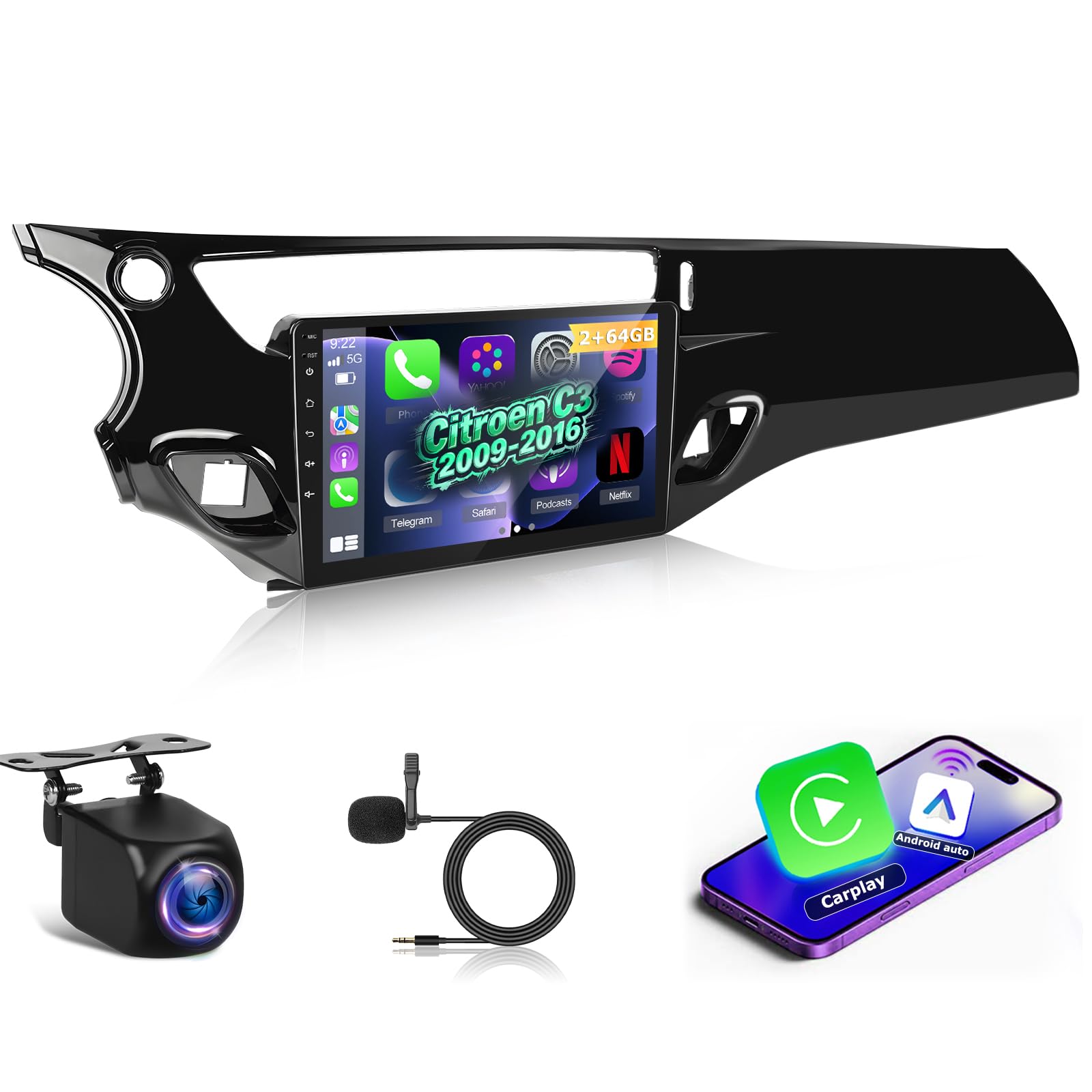 NHOPEEW Autoradio Android 2G+64G pour Citroën C3 2009-2016 - sans Fil Carplay & Android Auto - Stéréo Android 9 Pouces avec WiFi GPS FM RDS + AHD Caméra de recul&Mic
