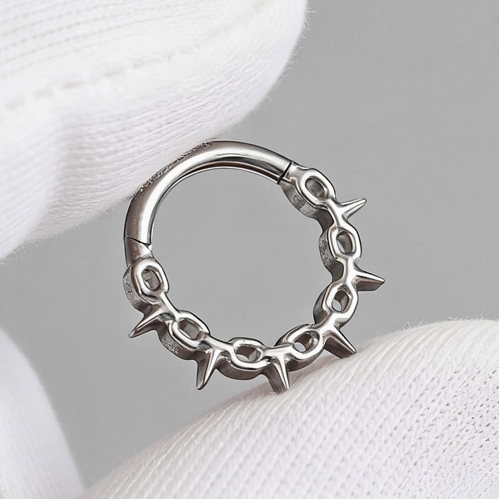 ARTFAN 16G Titanium Septum Ring Hinged Clicker Hoop with Spike Chain – G23 Hypoallergenic Nose Ring for Women Men, Cartilage Helix Daith Tragus Conch Piercing Jewelry