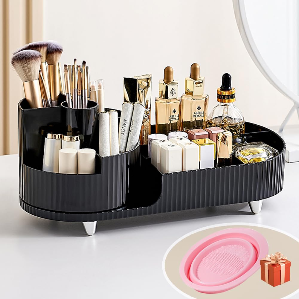 BULLA Makeup Organiser, 360 Rotating Makeup Organiser, Rotating Compartment 2 In 1 Cosmetic Storage, Makeup Organizer Storage Is Perfect for Dresser, Bathroom, Bedroom (Black) (BULLA0801)