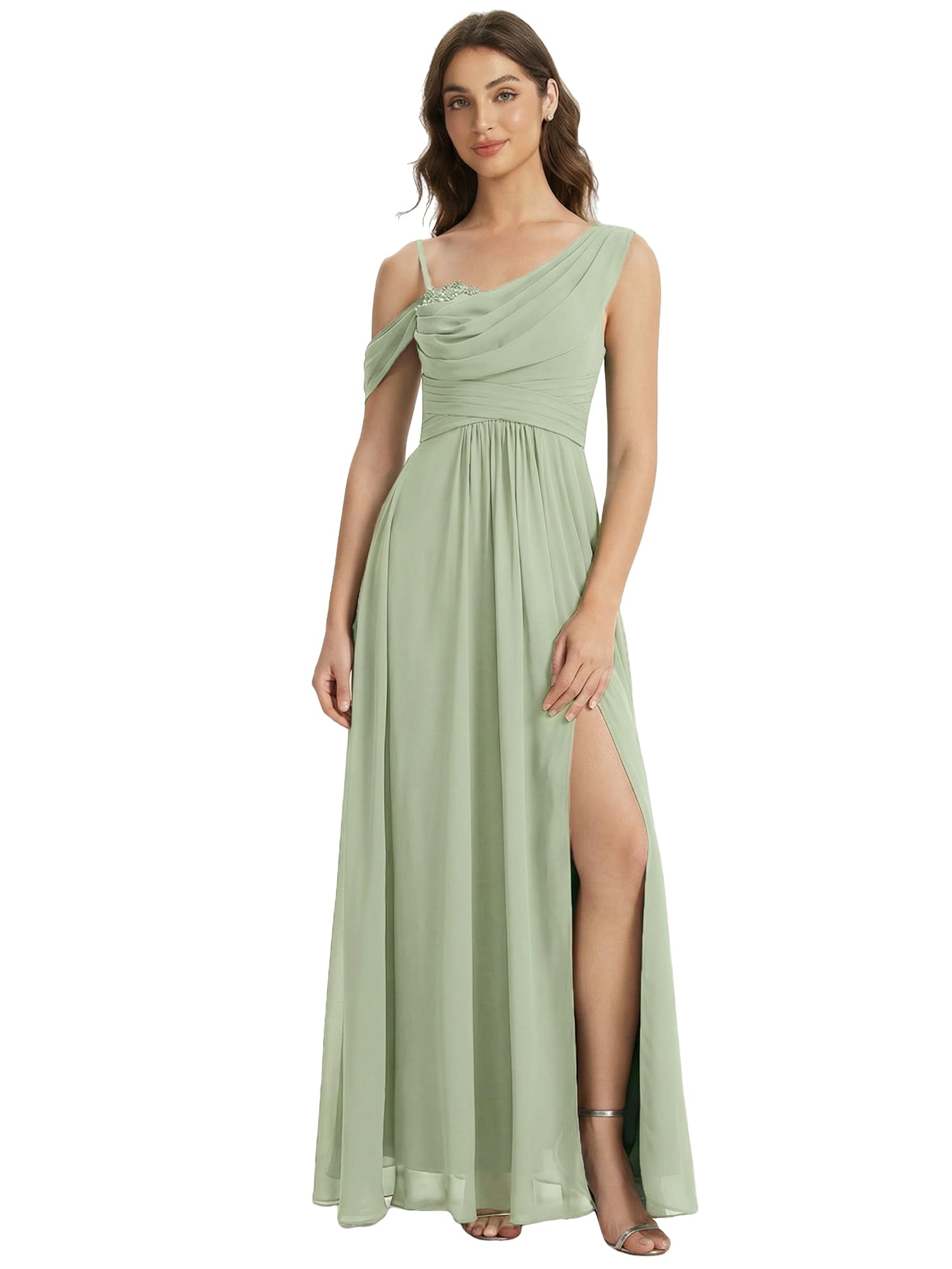 Ever-Pretty Abiti da Damigella Collo Asimmetrico Maniche Corte Chiffon Maxi Gonna Svasata ES02663