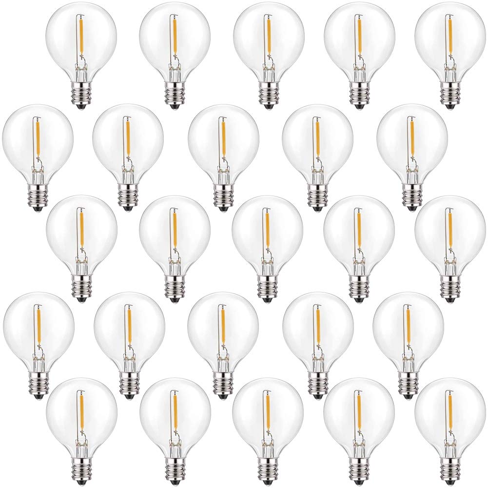 SUNSGNE G40 LED Ersatzbirnen 25 Stück, Klare Globe Glass Glühbirnen, G40 Terrassenbeleuchtung Partygarten Garten Hochzeit Dekoration, Passend für E12/C7-Sockel, 0,6 Watt, Warmweiß