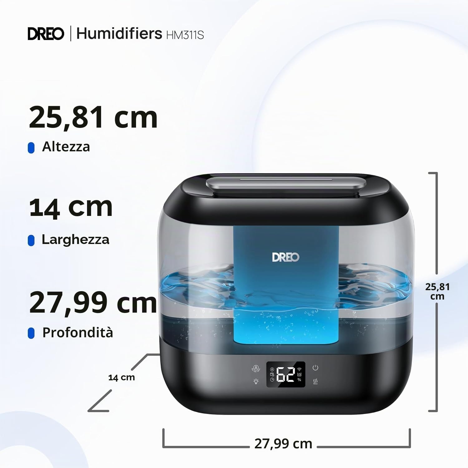 Dreo Umidificatore Smart per la Camera da Letto, Riempimento Superiore da 4L con Nebbia Fredda e Diffusore di Olio e Luce Notturna, Autonomia di 32 ore, Umidificatori Silenziosi per Casa, Ufficio