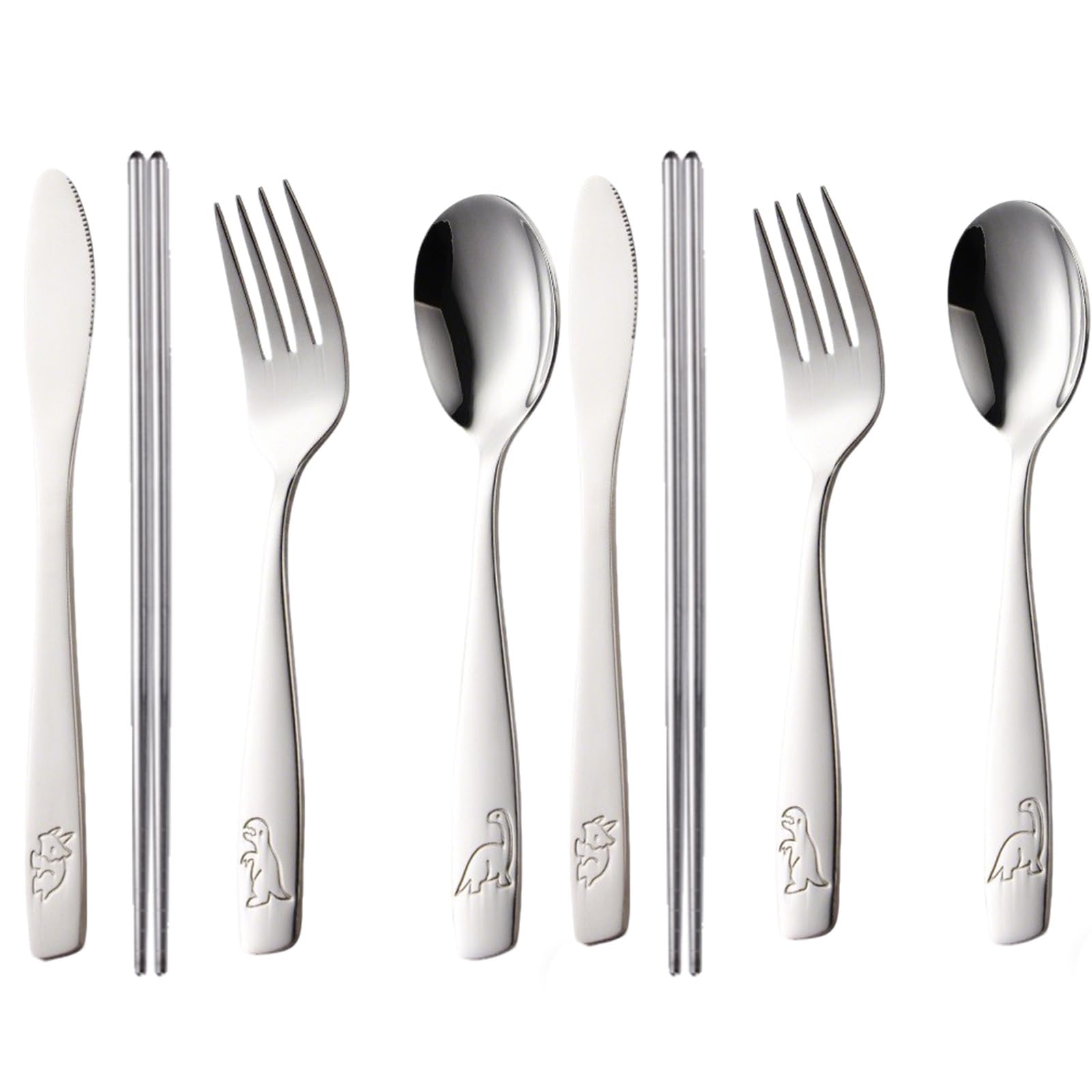 8 Pcs Kids Cutlery Set Knife and Fork Sets Engraved Dinosaur Pattern Children's Cutlery Kids Forks, Cutter Set Smooth for Dishwasher 2 Forks, 2 Dinner Knives, 2 Table Spoon and 2 Chopsticks