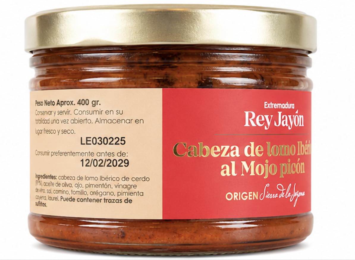 Cabeza De Lomo Ibérico Al Mojo Picón. Envase de 400grs. Elaboración artesanal a base de cabeza de lomo de cerdo ibérico. Conservas Gourmet