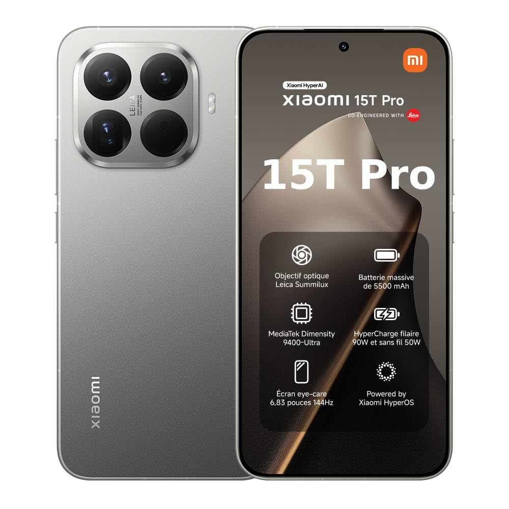 XIAOMI 15T Pro Smartphone 12＋512 Go Processeur Dimensity 9400+ - Titane | Écran 6,83" 144Hz, téléobjectif Leica x5 Pro 50 MP, batterie 5500mAh, 2 ans de garantie, chargeur non inclus