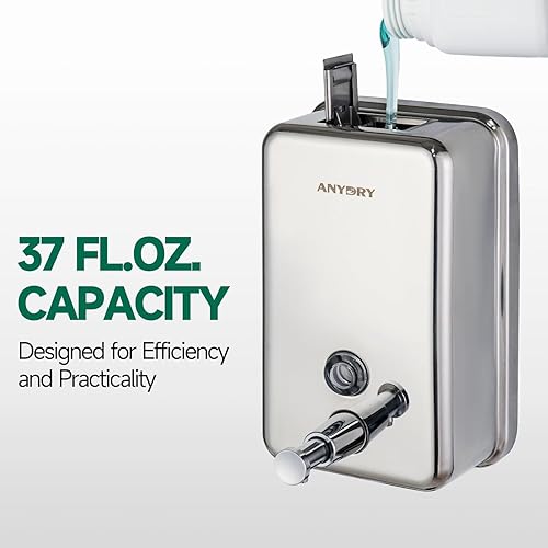 Miniatura 5 de Dispensador de jabón manual de grado comercial, acabado de acero inoxidable pulido duradero, 37 oz (37.2 fl oz), montado en la pared para baño y