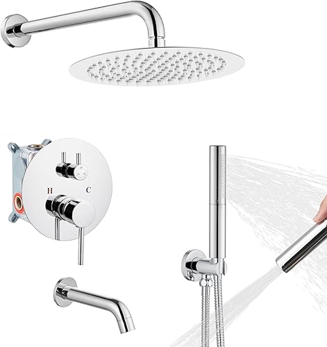 Miniatura 45 de Airuida Juego de sistema de ducha redondo con boquilla de bañera, montaje en pared, juego de grifo de ducha de lluvia de 3 funciones, 2 funciones