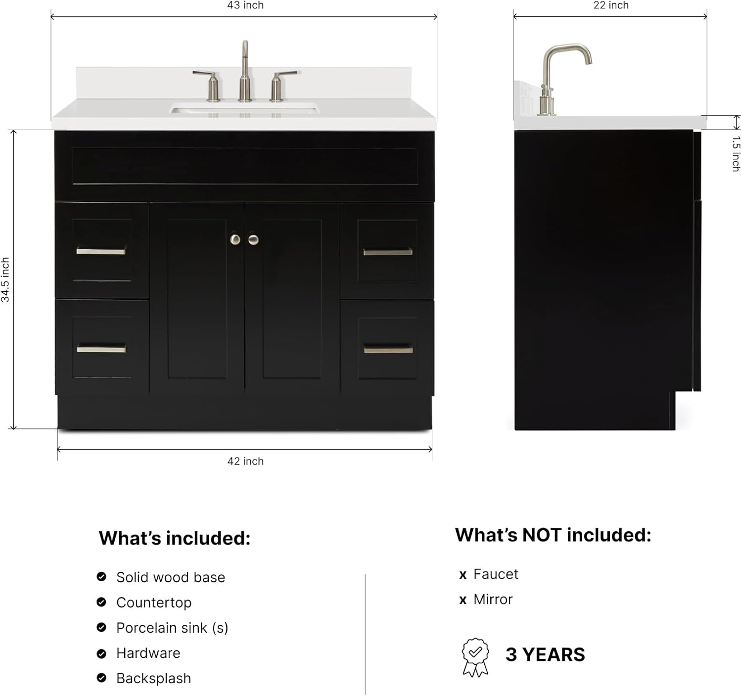 ARIEL Hamlet 42-inch Bathroom Vanity with Sink,Solid Wood, 1.5-inch Pure White Quartz Countertop & Backsplash, Single Rectangular Porcelain Sink, 2 Soft Closing Doors, 4 Dovetail Drawers, Black