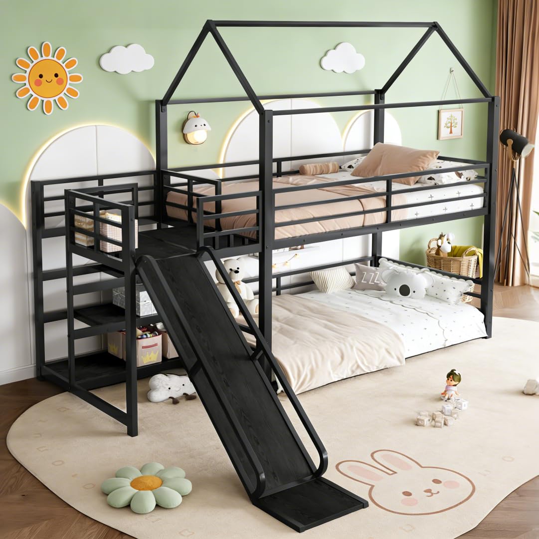 Bellemave Metal Bunk beds Twin Over Twin with Slide and Storage Stairs, House Floor bunk Bed with guardrail for Kids,Black