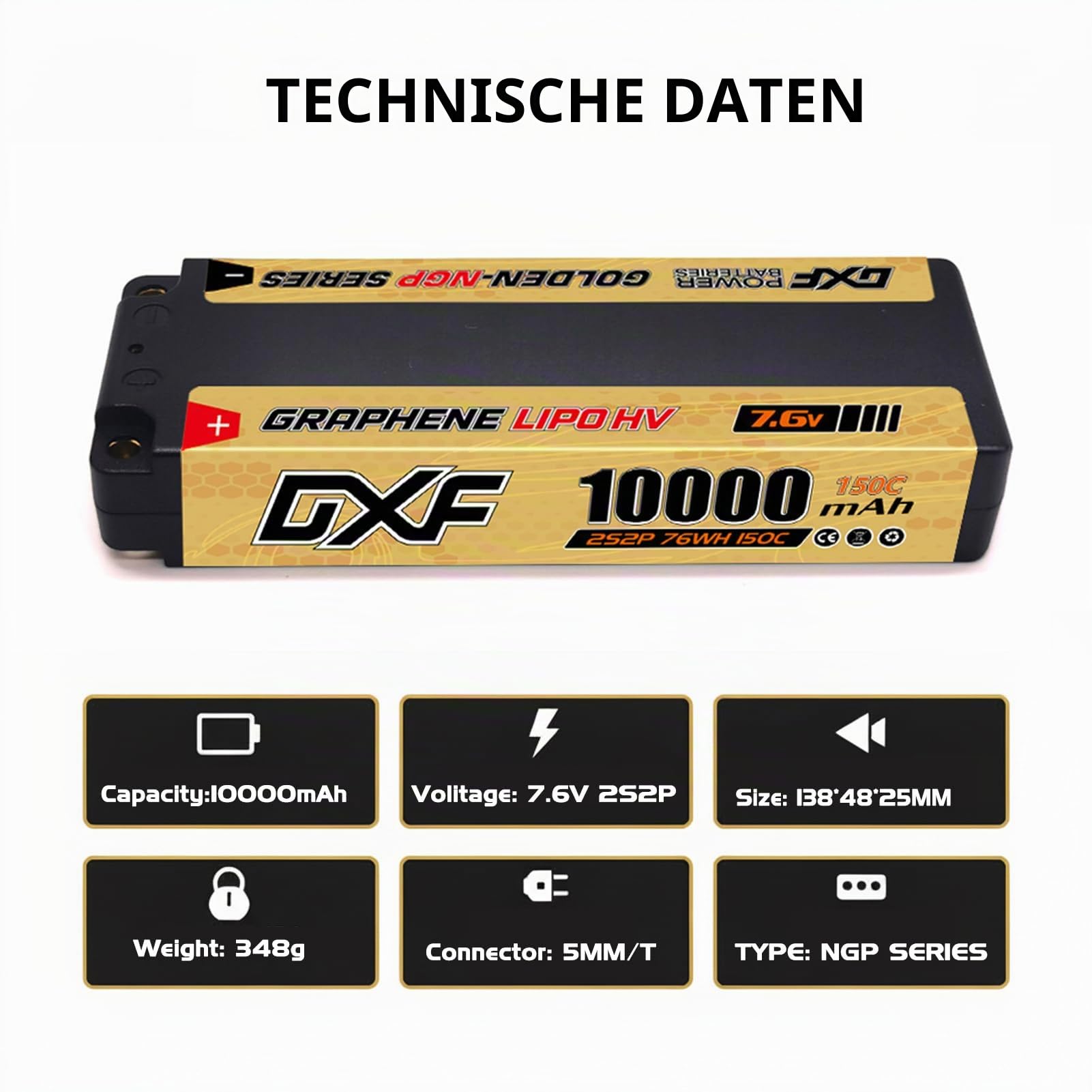 DXF 2 Stück 2S HV LiPo Akku 7.6V 10000mAh 150C Hardcase mit 5mm Bullet zu T Stecker für RC Car Truck Flugzeug Helikopter Boot Buggy Wing 1:8 1:10 Hohe Leistung Lange Laufzeit