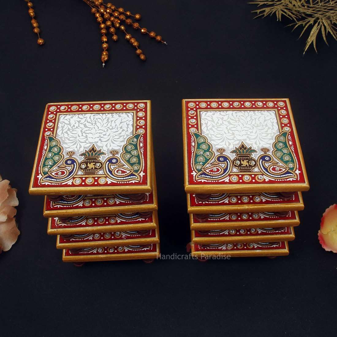 Handicrafts Paradise (4 x 4 inch, Set of 10 Pc) Marble Chowki for Pooja, Home Mandir, Idols Statues Pratima, Home Décor Showpiece for Bulk Return Gifts