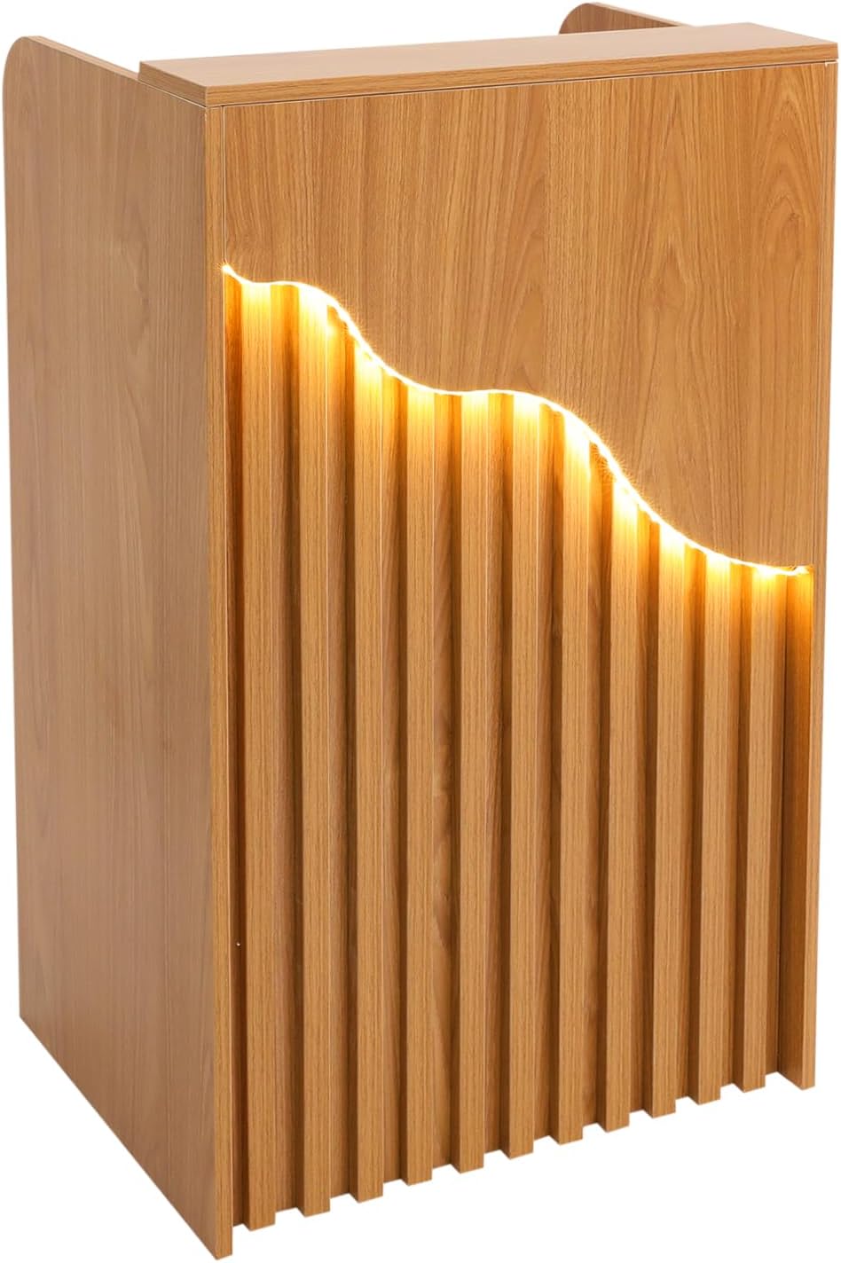 Reception Desk with Streamlined Shape LED Light, Simple Grille Modern Front Desk with Lockable Drawer, Reception Counter for Clothing Salon Shop Hotel, 23.6 * 15.7 * 37.8in (Oak Color)