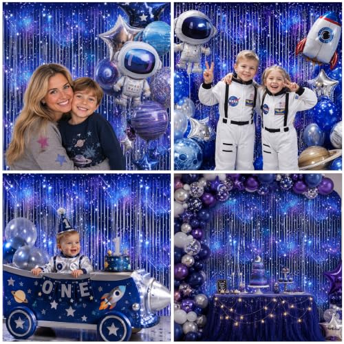 Image of 4 Packs Galaxy Foil Fringe Curtain, Blue Glitter Metallic Tinsel Backdrop for Birthday Baby Shower Outer Space Alien Party Decorations Supplies