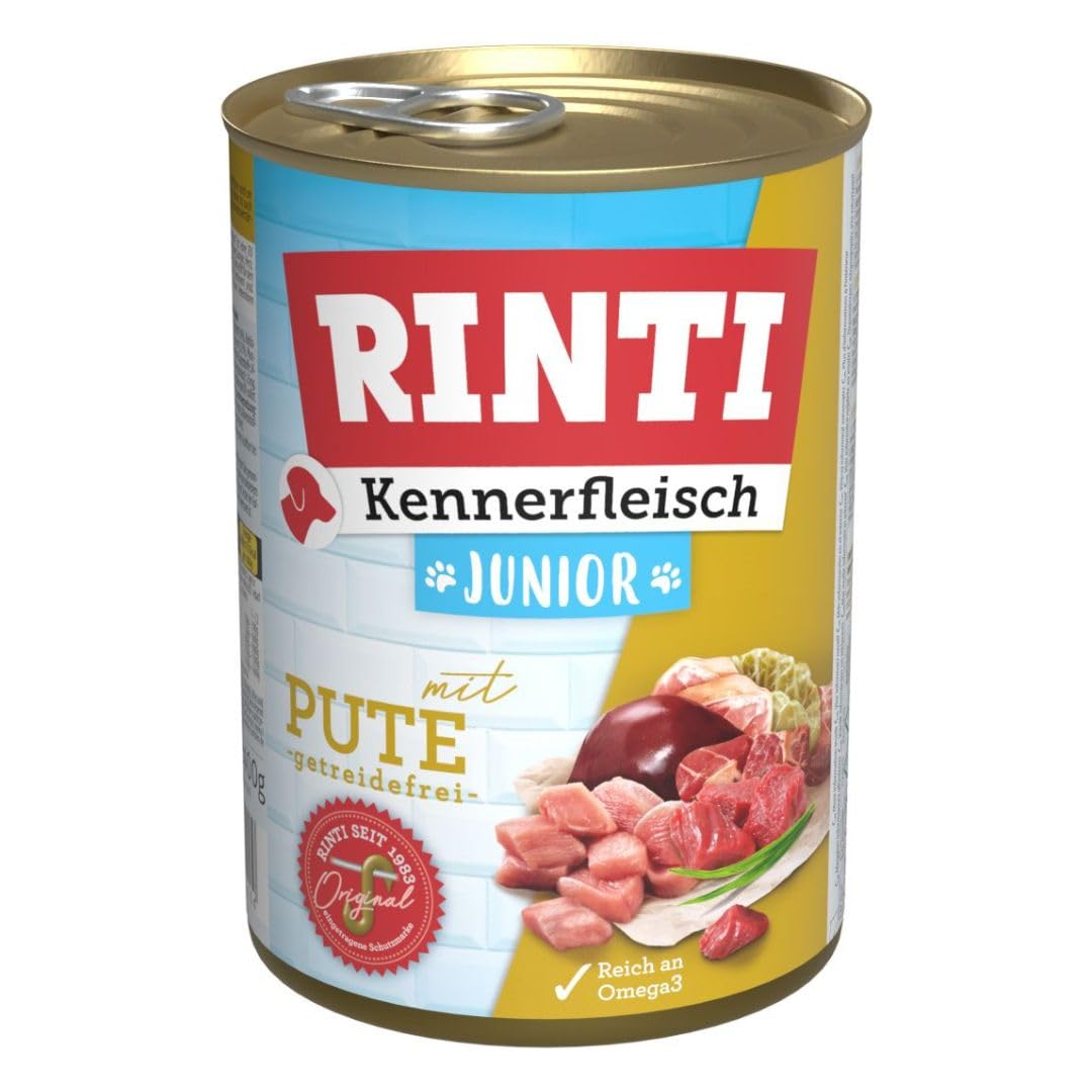RINTI - Kennerfleisch Junior | Nassfutter mit 70% Fleisch für Hunde im Wachstum. Getreidefreies Alleinfutter in der Dose ohne Soja, Farb- und Konservierungsstoffe | 12x400g Pute
