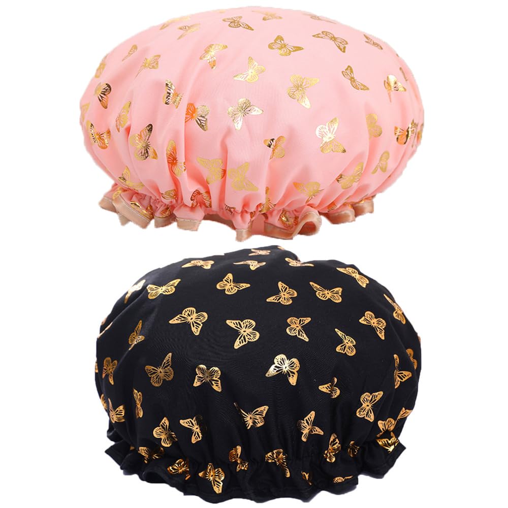 2Pcs Shower Caps - Bath Caps/Elastic Band Double Layers Shower Cap With Ruffled Edge Covering Ears/Waterproof Reusable Bath Hair Hat for Girls Women Ladies Spa Salon (Pink-Black)