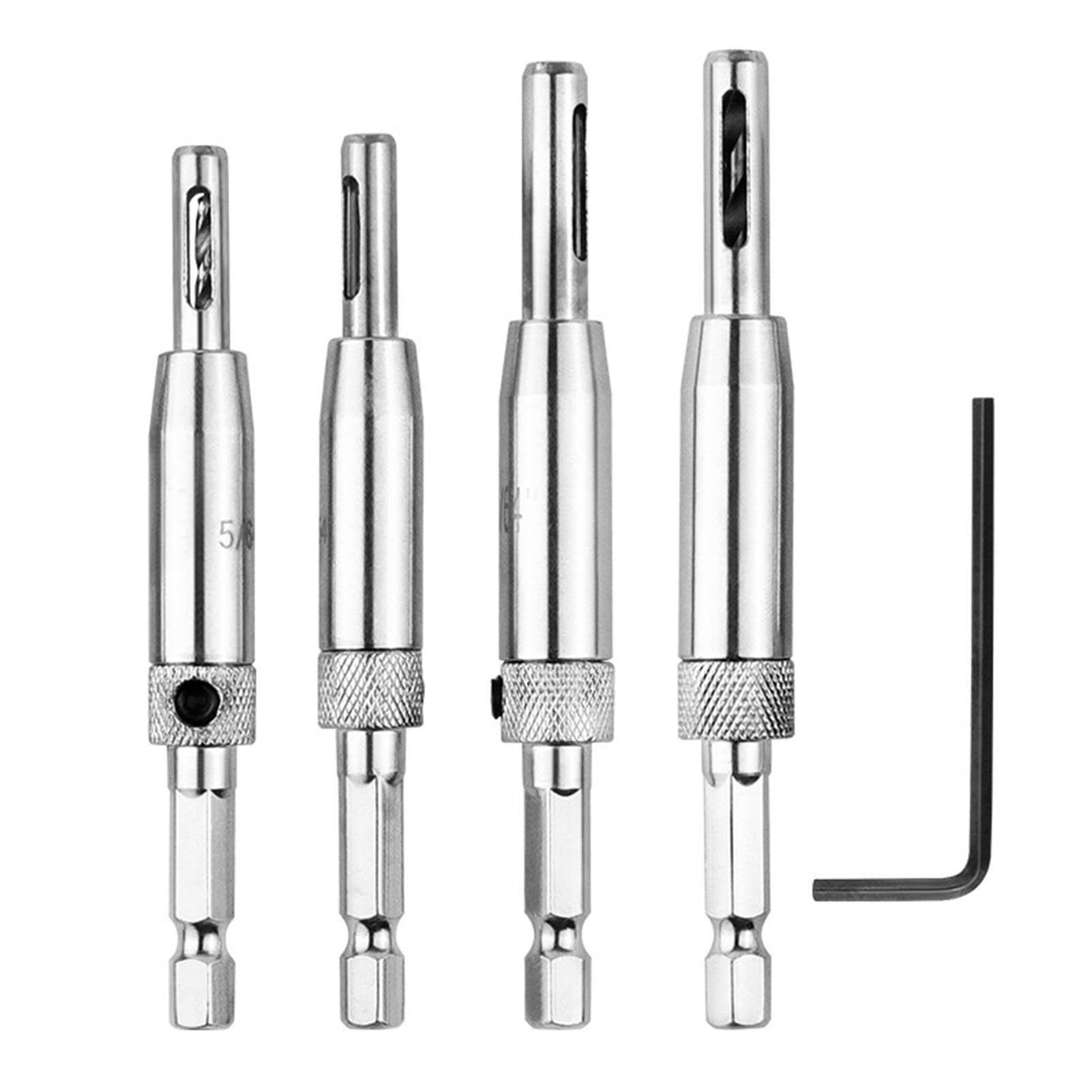 4 Pcs Hinge Drill Bit Set, Shank Hinge Drill Bit Guide Set, Aluminium Alloy Self Centering D-rill Bits with Hexagonal Spanner for Door Window Cabinet, Hin-ge Pi-lot Hole D-rill Bits