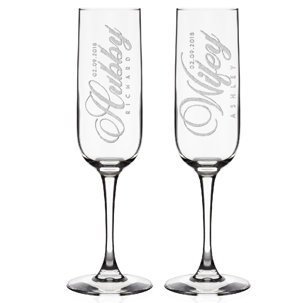Set of 2 Hubby & Wifey Personalized Champagne Flutes for Couples Anniversary Party Celebration Gifts | Custom Toasting Champagne Glasses w Names & Date - Free Engraving - #D8