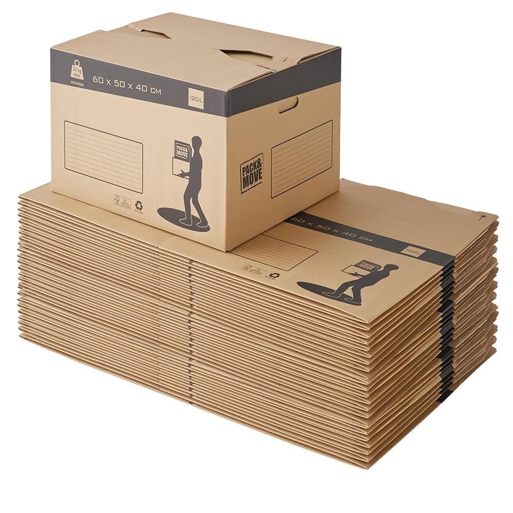 Pack and Move – Opakowanie z 30 automatycznymi kartonami do przeprowadzki – 60 x 50 x 40 cm – wzmocnione uchwyty – wysyłka, przechowywanie