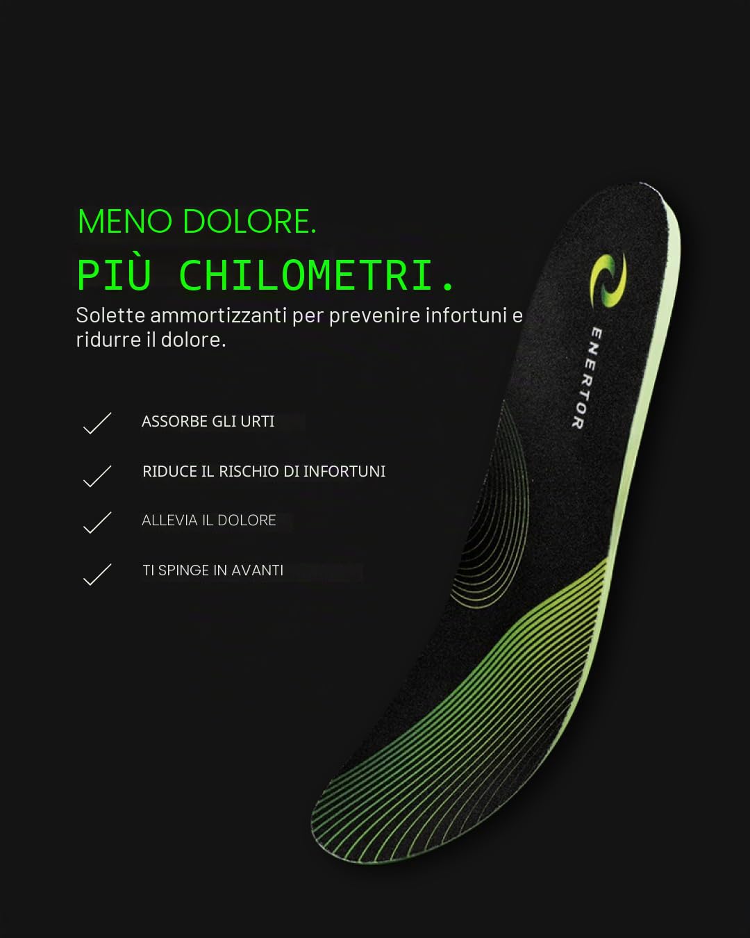 Enertor Solette da corsa Ultimate con tecnologia PX1 ammortizzante. Sollievo per: fascite plantare, periostite, tendinite di Achille, dolore al ginocchio e al tallone del corridore