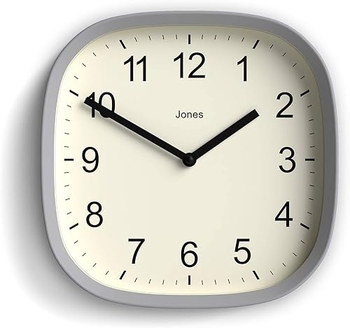 JONES CLOCKS Reloj de pared Sprite  Reloj cuadrado redondo retro moderno  10 pulgadas  Gris  Números fáciles de leer  Perfecto para cocina u oficina