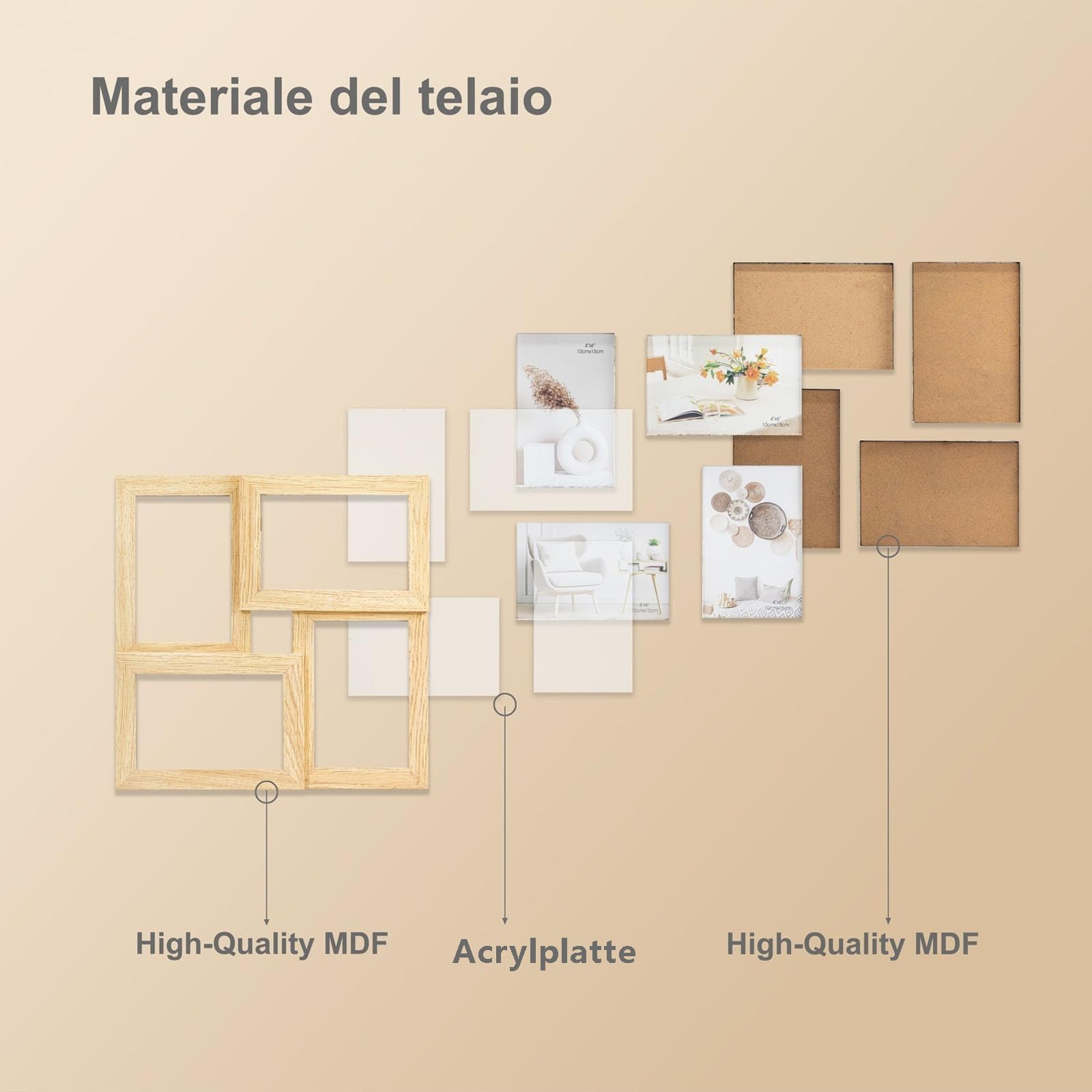 Tutee Cornice Per Foto, Robusta Cornice in Legno MDF, Cornici Foto multiple da Parete, Portafoto da Parete Multiplo, Decorazioni Murali, Cornici 10x15cm 4PZ (Legno Chiaro)