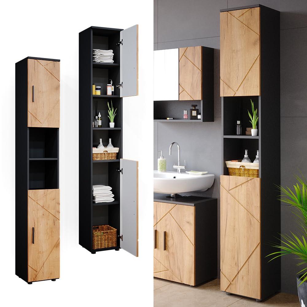Vicco Meuble Salle de Bain Irma, Chêne doré/Anthracite, 30x192cm | pour le rangement des accessoires de salle de bain et compatible avec la série Irma
