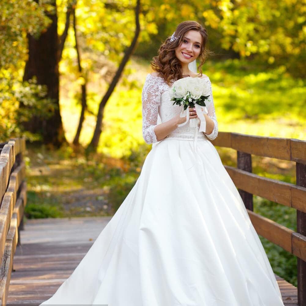 Eforcase Wedding Bouquet Rose Bride Flower Bridal Bouquets, Artificial Flower White Rose Wedding Bouquets for Bride Bridesmaid Bouquet Bride Bridesmaid Holding Flower Wedding Bouquet Gifts