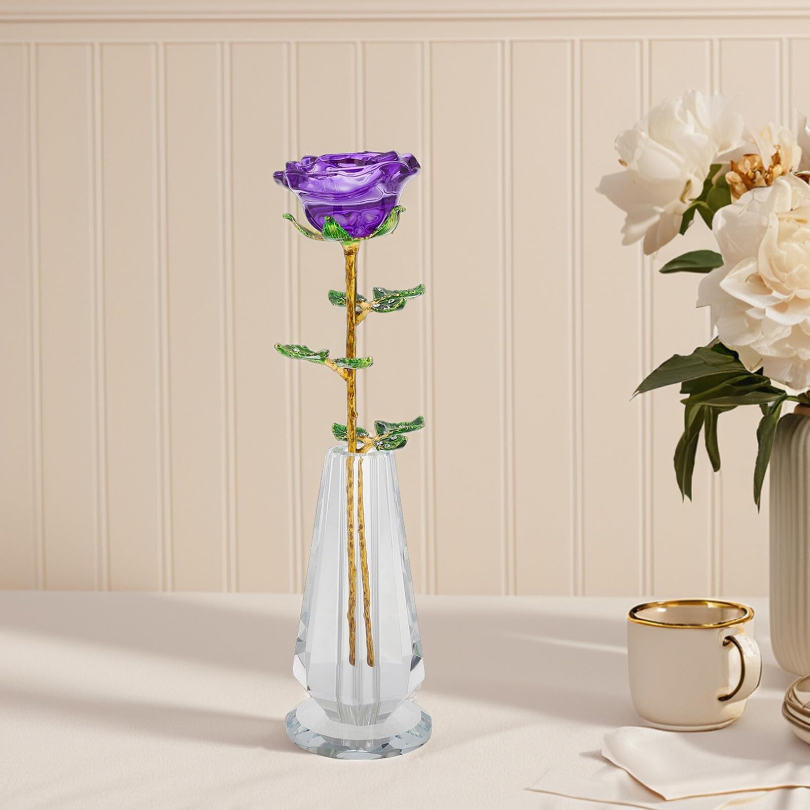Healifty Figura de Rosa de Cristal Morado con Florero Estatua Coleccionable para Decoración de Aniversario Centro de Mesa Romántico para Regalos Mujer y Adornos de Boda