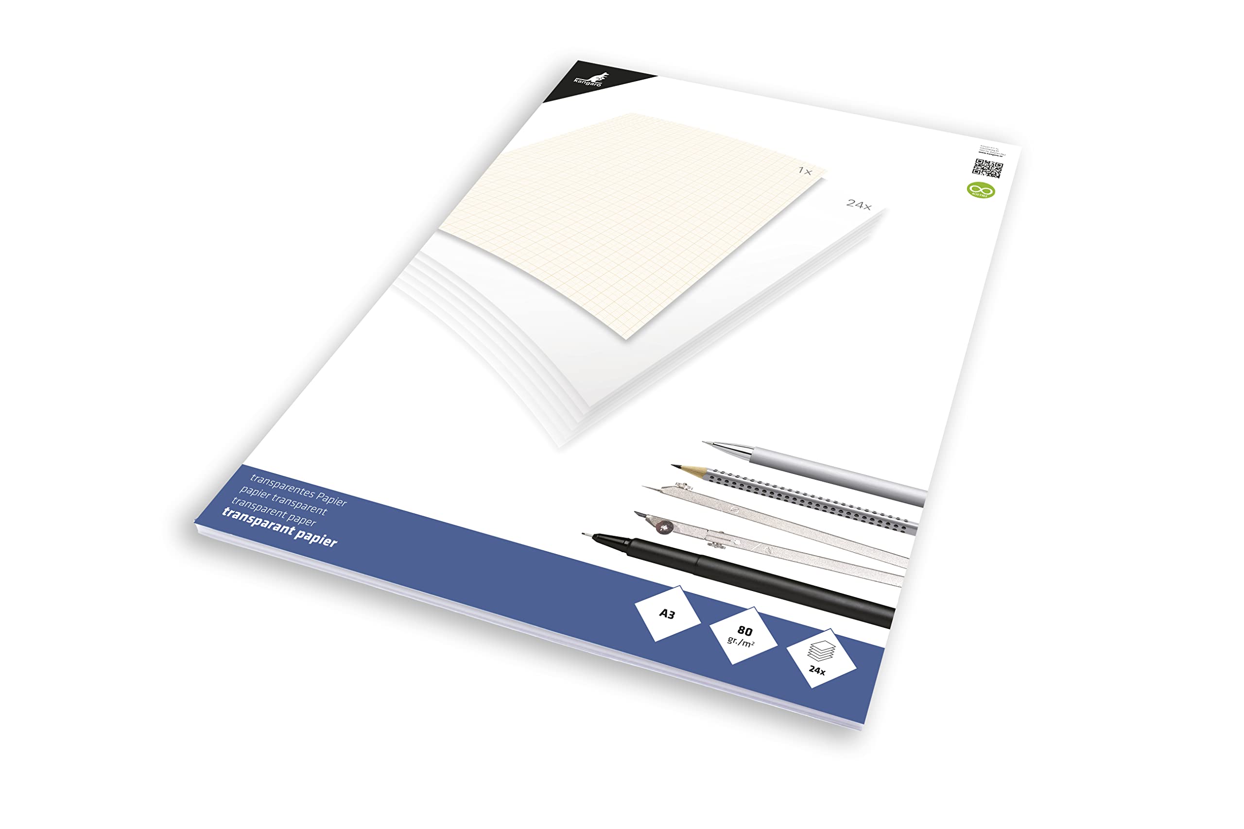 Kangaro K-770301 Transparent Technical Drawing Paper/Graph Paper DIN A3 24 Pages 80 g/m² Paper with 1 Sheet 1/5/10 mm Orange Grid