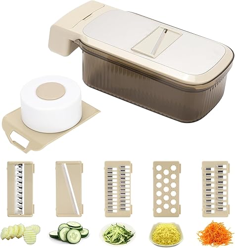 PRENTISS Cortadora de mandolina ajustable 5 en 1 para cocina, mango de agarre de hoja extraíble, picadora de mandolina multiusos con contenedor,