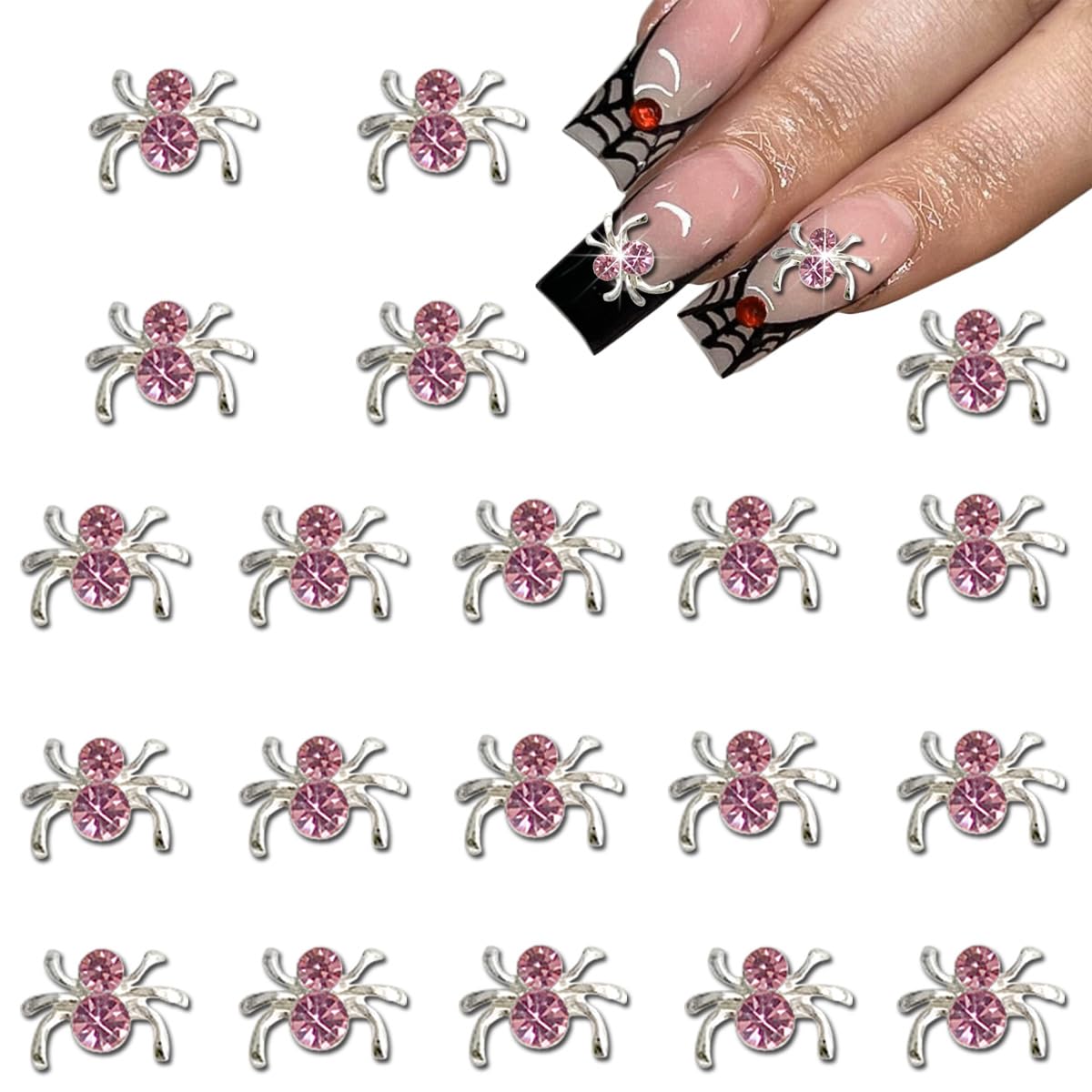20 Pcs 3D Spider Nail Charms Halloween Decor Pink Rhinestones Nail Charms for Acrylic Nails,3D Alloy Nail Charms with Gem Sparkling Spider Nail Art Decoration for Press on Nails DIY Design