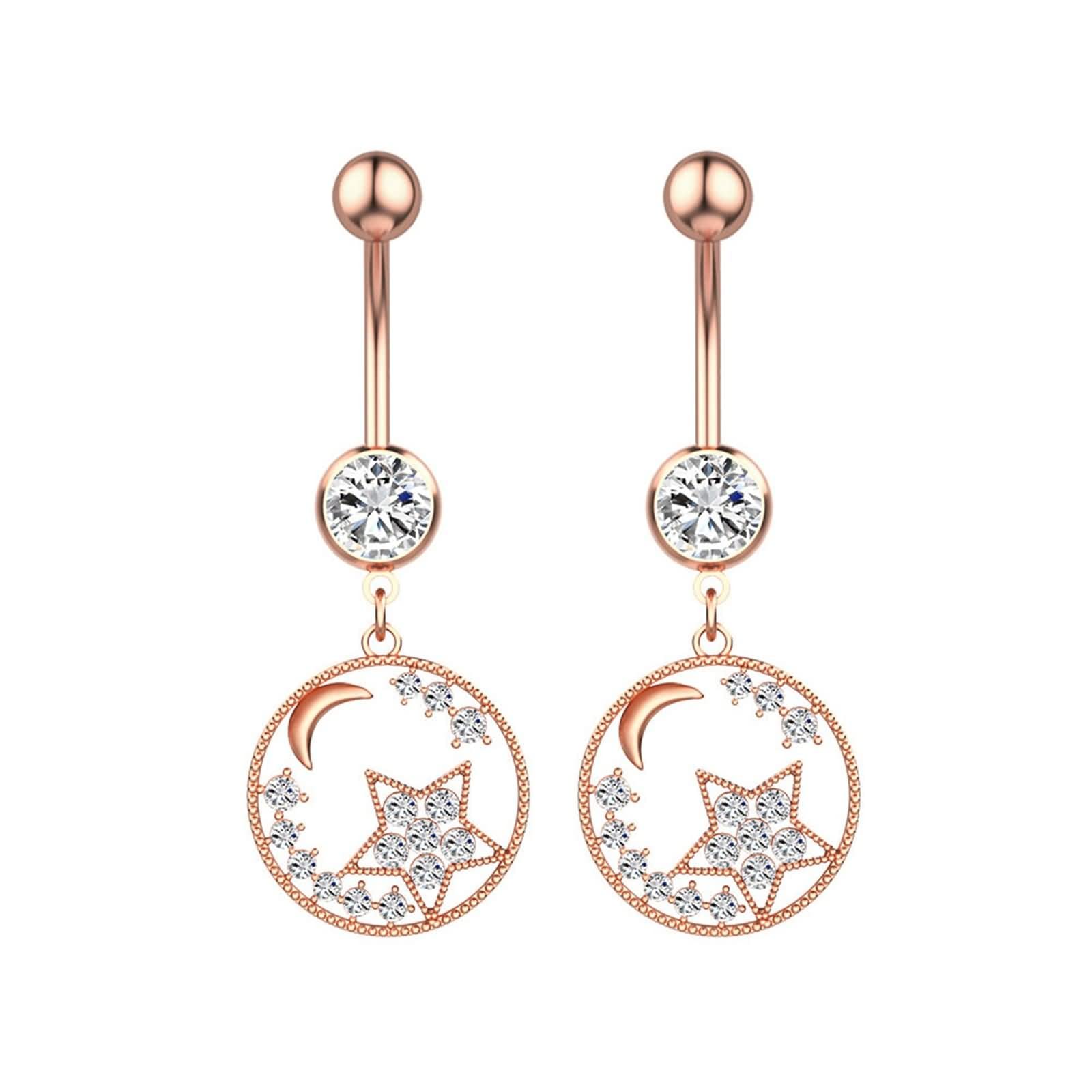 Homxi 2 Pcs Piercing Ombligo,Piercing Ombligo 14G Barra Redondo con Luna y Estrella Circonita Blanca Piercing Pequeño Ombligo Acero Quirurgico Plata Piercing Mujer Ombligo