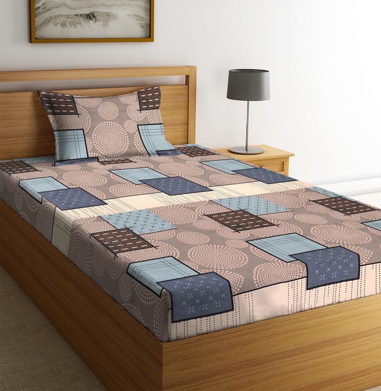 Image of la' amour Premium Glace Cotton 180 TC Flat Single Bedsheets for Summer Breathable | Wrinklefree (Size-60 X 90 Inch) with 1 Pillow Covers (Size-17 X 27 Inches, Beige Grey)