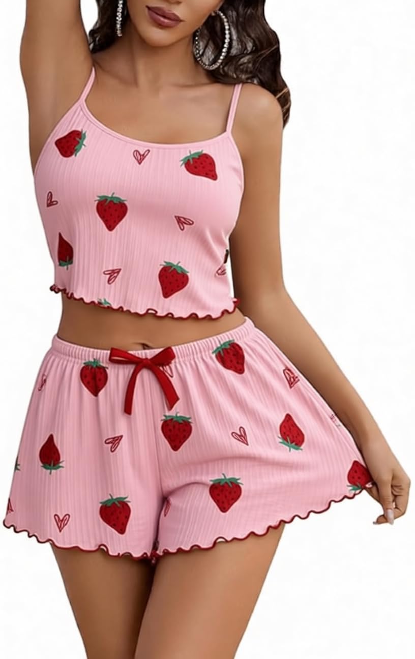xivir Women's Strawberry Print Ribbed Crop Cami Top and Shorts Pyjama Set, Pink, Lettuce Trim-picture-52