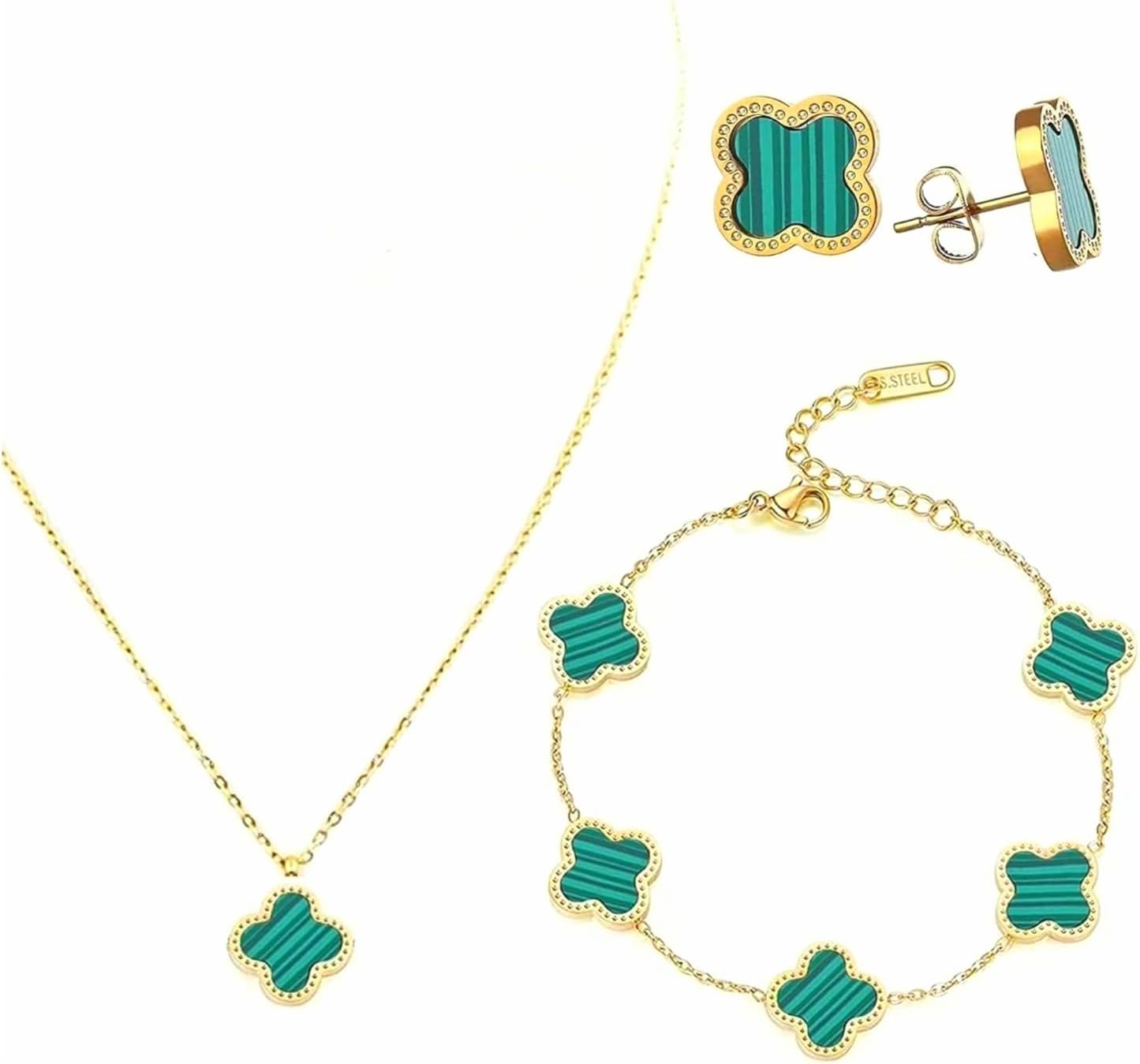 Julie & CoFour Leaf Clover 18K Gold Plated Jewelry Set Jewelry Set for Women (Necklace, Bracelet, Earrings), Comes with a Cute Keychain in a Julie & Co Stylish Gift Box., 50CM, Stainless Steel,
