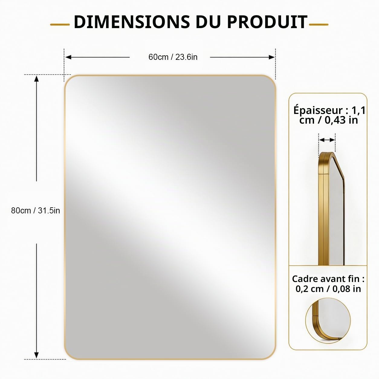 Miroir avec Cadre doré 60 x 80 cm - Grand Miroir de Salle de Bain - Miroir Mural rectangulaire pour Salle de Bain - Horizontal/Vertical