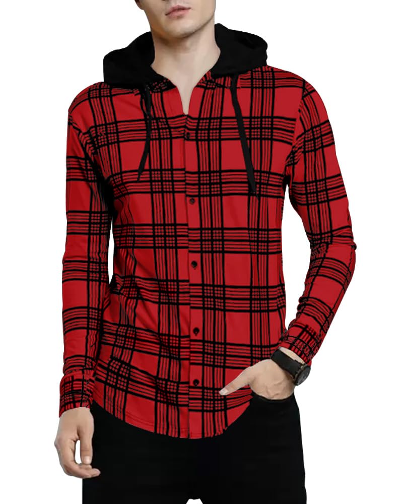 Men's Cotton Blend Hooded Neck Full Sleeve Shirt | Regular Fit | Checkered Pattern | Casual Shirt-image-42