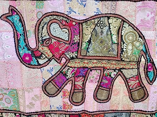 Image of Ekam Art Rajasthani Handmade Heavy Elephant Embroidery Cotton Patchwork Tapestry Cotton Wall Decor Hanging Beaded Tapestries Home Living Room Decor 40 x 60 Inch (Black)