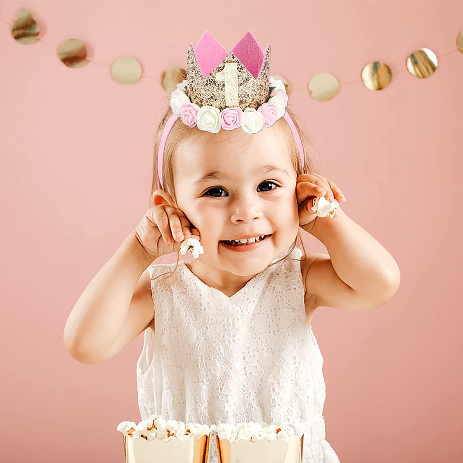 Cappellino Compleanno 1 Anno Fascia Tiara Neonata con Fiori per Decorazione della Festa Compleanno (FS01)