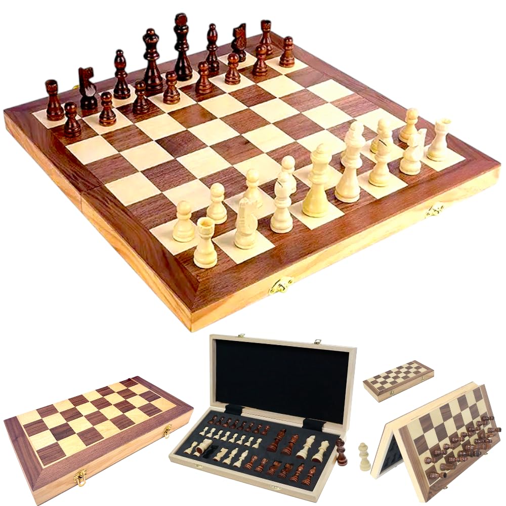 15 Magnetic Wooden Chess Set  Folding Board with Storage Slots & Staunton Pieces | Portable Travel Game for Adults & Kids Board Game Set