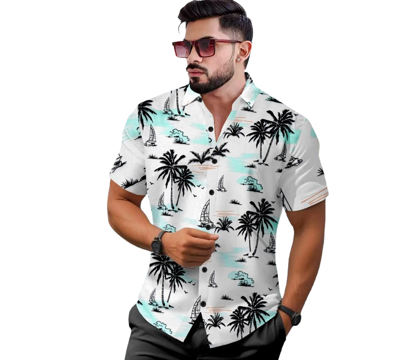 Printed Half Sleeves Tropical Palm Tree Print Hawaiian Short