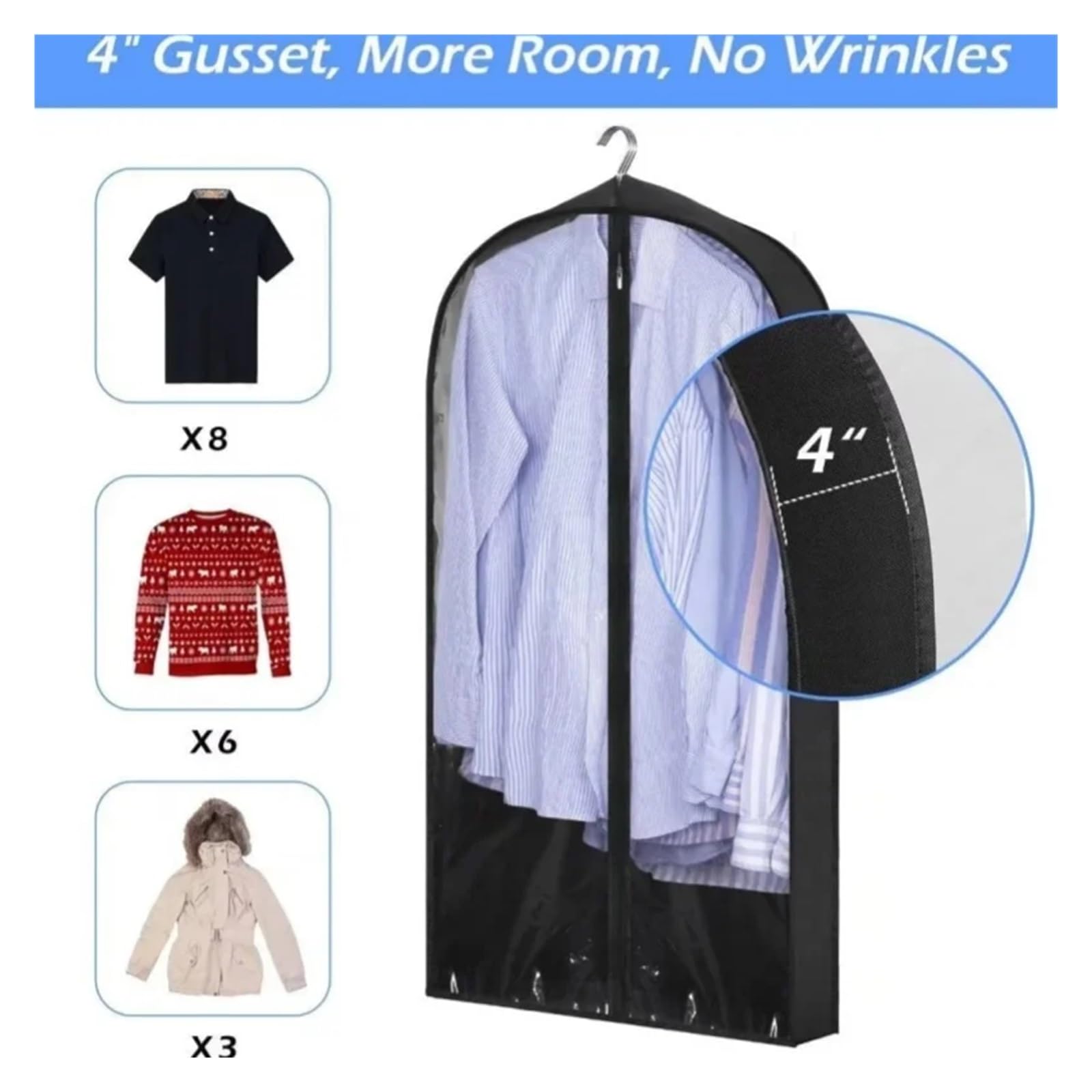 fundas para ropa 1-10PCS Washable Clothing Dust Cover Household Transparent Waterproof Suit Black Edge Clothes Storage Hanging Bag(White-3PCS,60X100CM)