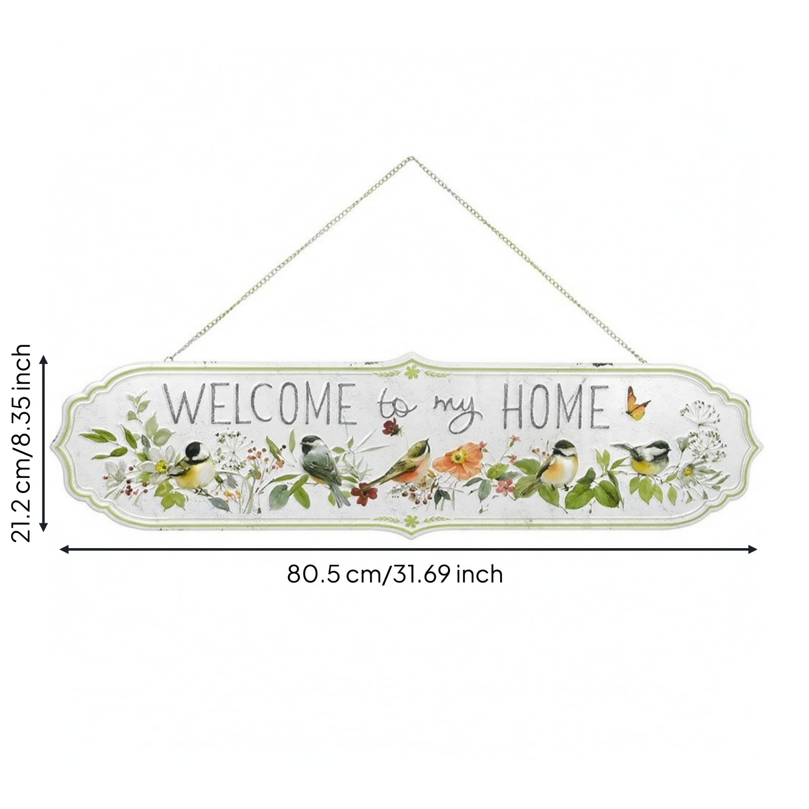 Placa de Bienvenida Exterior Placa Colgante Letrero Cartel Metal con Estilo Vintage y Plantas Adecuada para Puerta Pared, 80 21cm, Pájaros, Grande, "WELCOME To My HOME"