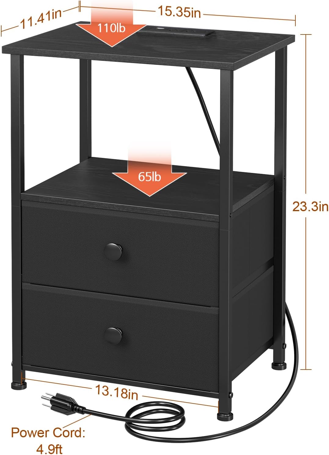 Night Stand Set 2, LED Nightstand with Charging Station, End Tables with Storage Shelf, Bed Side Table with 2 Fabric Drawers for Bedroom, Small Spaces, Black, HETS02BK